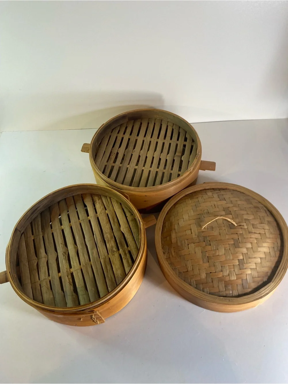Vintage Covered 2-Tier Bamboo Steamer Basket With Handles 9” Diameter